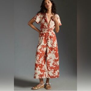 Anthropologie Rust and Cream Floral Short-Sleeve Jumpsuit